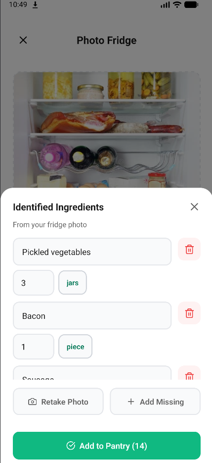 AI ingredient identification screen overlaying a fridge photo. Detected items include pickled vegetables, bacon, and sausage with quantity editors.